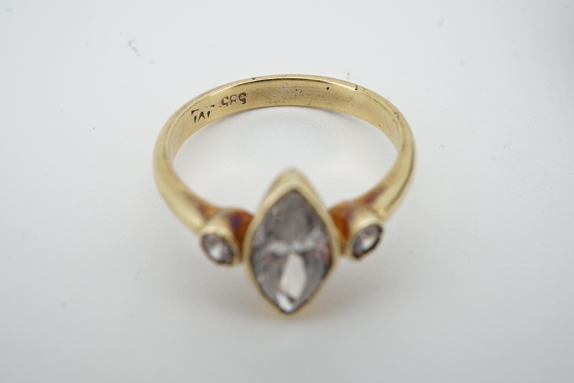 Two modern 9ct gold and cubic zirconia set rings, including white gold, two other simulated diamond set rings, together with an Italian cross pendant, a cameo brooch and an oval gilt metal locket.
